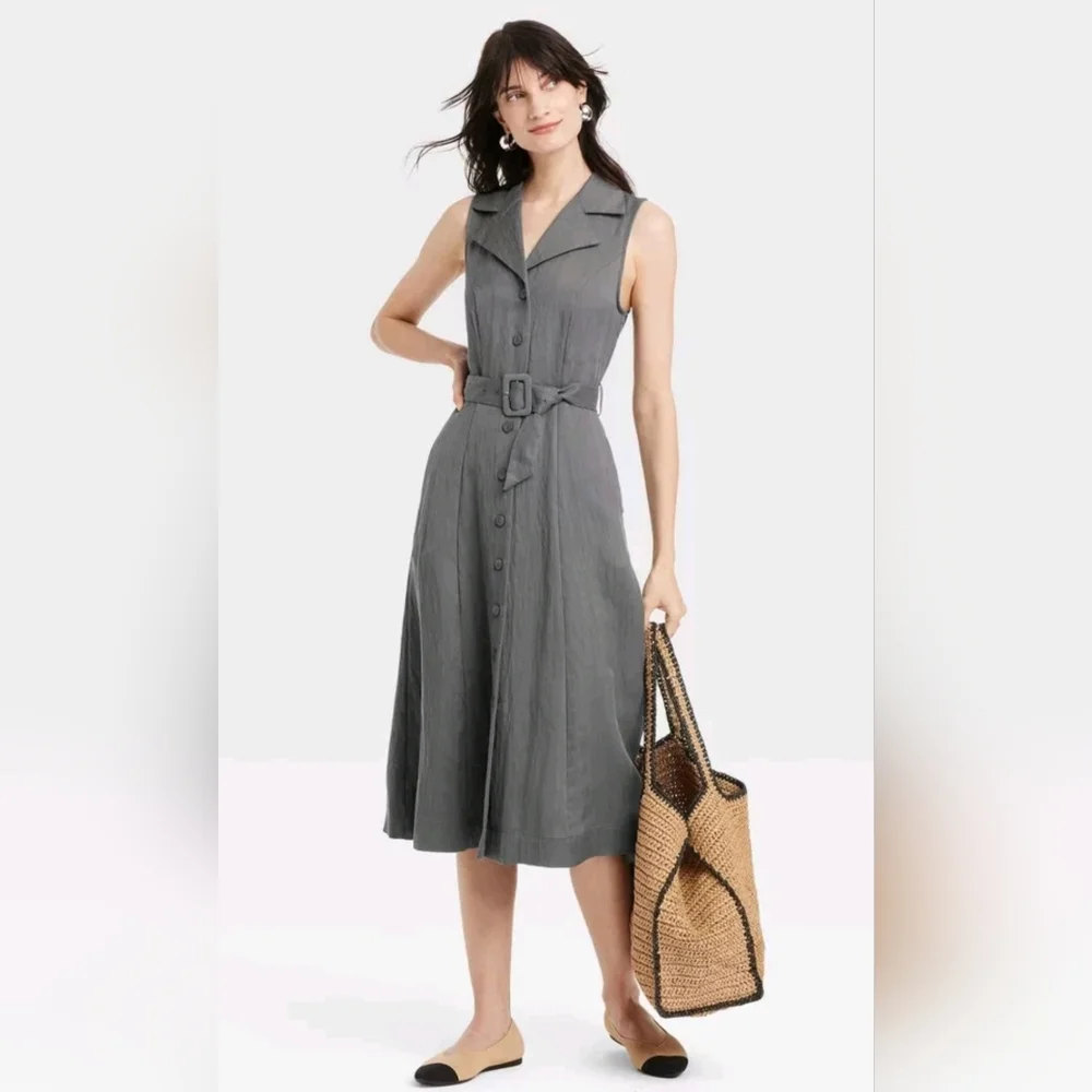 Women's Tie-Waist Midi Shirtdress - A New Day.  Elegant Gray Sleeveless Dress - Picture 3 of 3